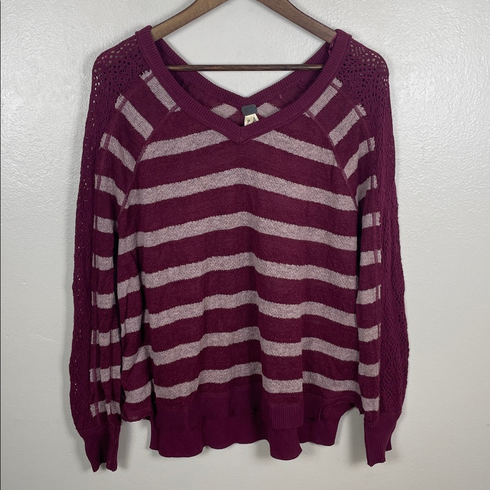 Free People Striped Open-Knit Sweater in Plum and Light Pink